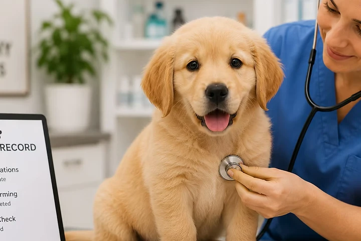 A licensed veterinarian examining a Boo Paws puppy with a stethoscope during a health check