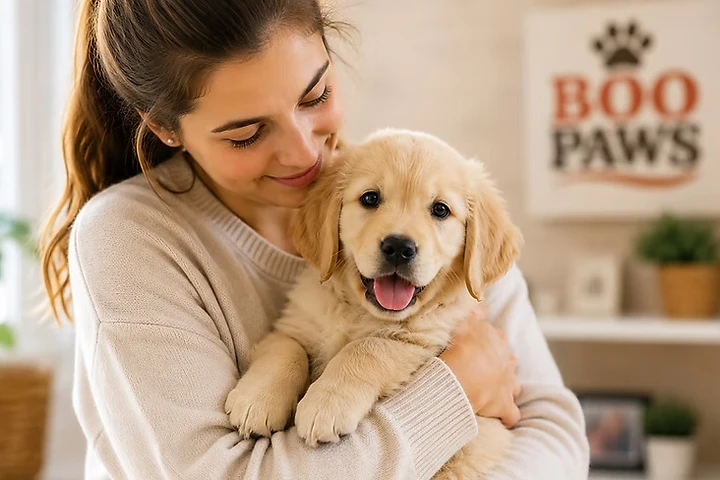 A woman holding a golden retriever puppy with a Boo Paws sign in the background