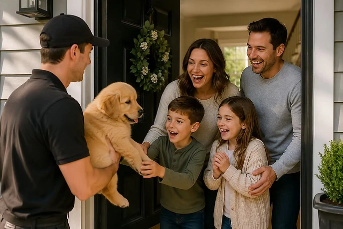 A Boo Paws team member handing a puppy to a family at their front door