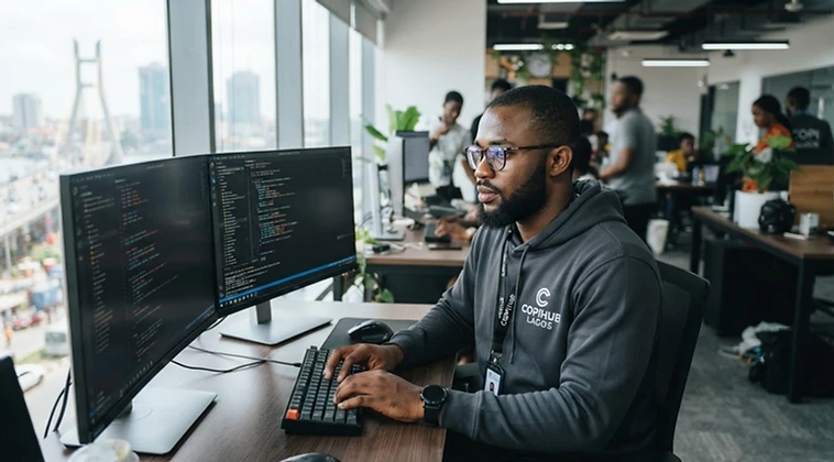 African software engineers at work in a modern Lagos tech hub