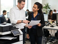 European and mixed-race Copybox colleagues reviewing a document beside an office printer