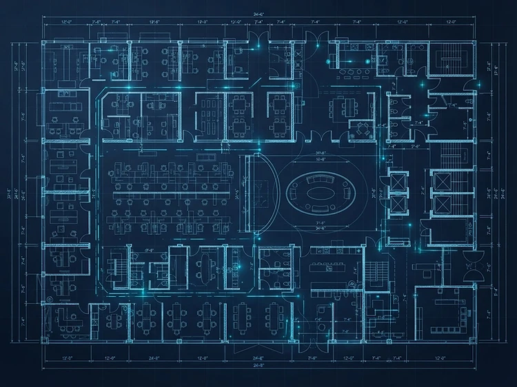 Architectural blueprint with technical overlays