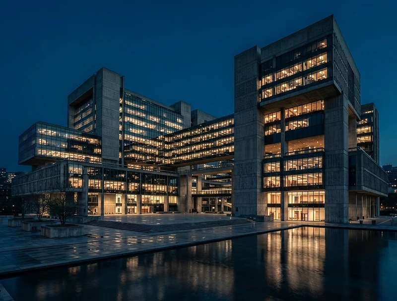 Modern corporate headquarters at blue hour