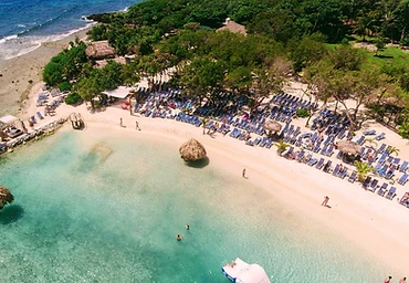 Aerial view of the beach, lagoon and loungers