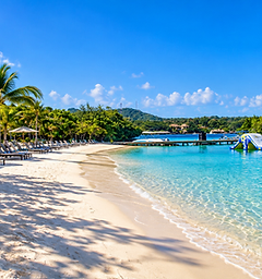 Beach loungers and umbrellas along the shore