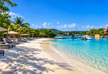 Beach loungers and umbrellas along the shore