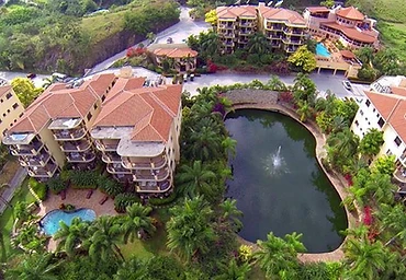 Aerial view of the resort grounds and central lagoon