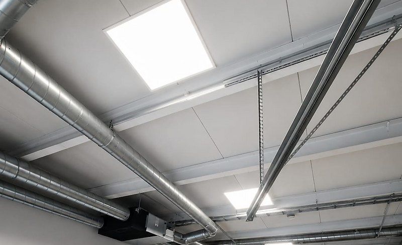 Ventilācijas spirālveida gaisa vadi un LED apgaismojums pie griestiem