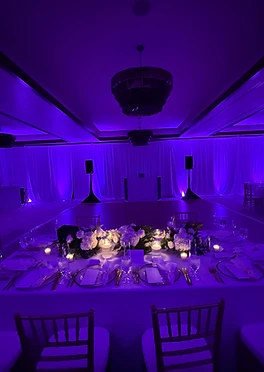 Indoor reception with white drapery washed in glowing purple light