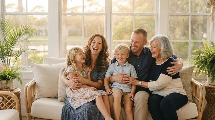 A multigenerational family laughing together on a sunlit sofa in their Florida home
