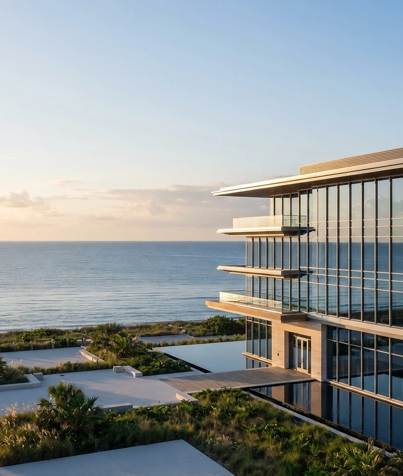 A modern Florida office building overlooking a calm Atlantic horizon at golden hour