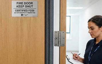 Fire-resistant door with intumescent seal being inspected