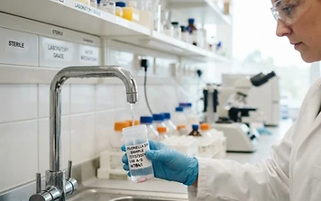Gloved hand holding a water sample vial for legionella testing