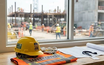 Yellow hard hat and high-visibility safety vest representing health and safety