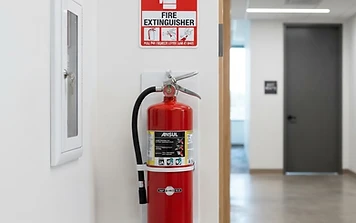 Red fire extinguisher mounted on a wall in a commercial building