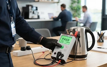 Engineer performing a PAT test on an electrical appliance with a green pass screen