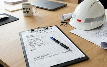 Clipboard with a fire risk assessment checklist and pen on a desk