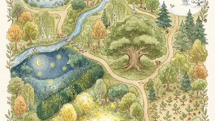 Illustrated map of all the places in the Slow Tale Time Woodland