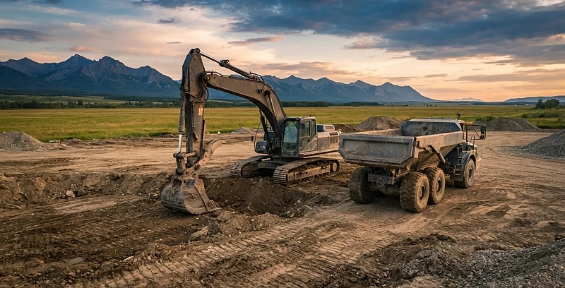 Heavy excavation equipment on a cleared dirt lot at golden hour