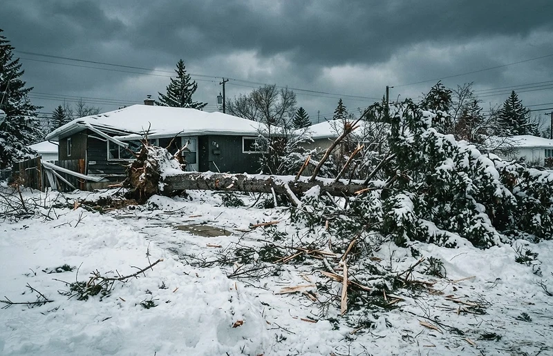 Fallen spruce tree across a snow-covered yard after a heavy snowstorm
