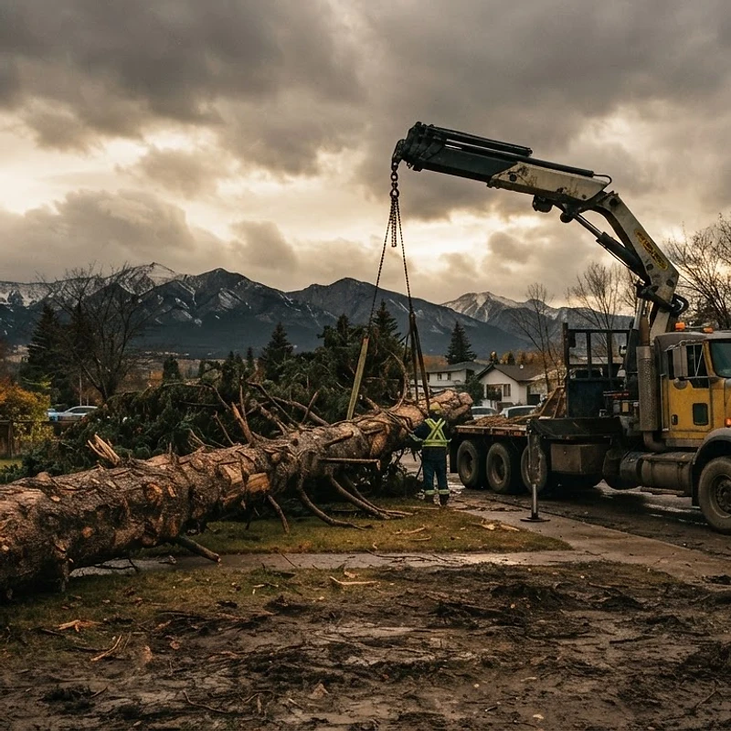 Heavy-duty truck and crane next to a massive fallen spruce tree in Calgary