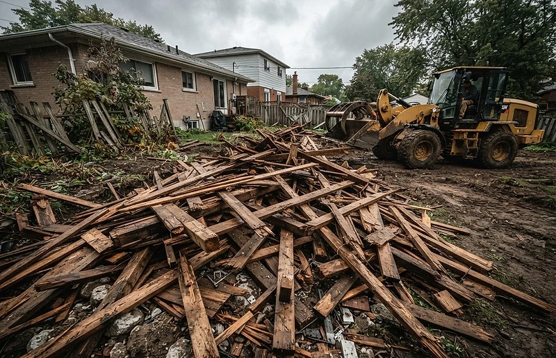 Demolished deck and fence piled as construction debris