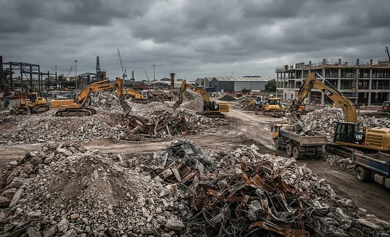 Commercial construction site with sorted debris piles and heavy machinery