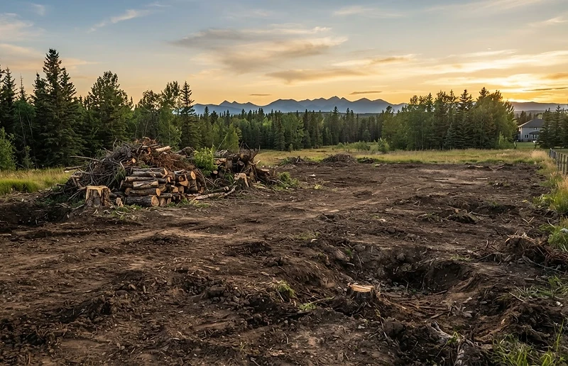 Cleared residential lot with fresh dirt and stacked logs