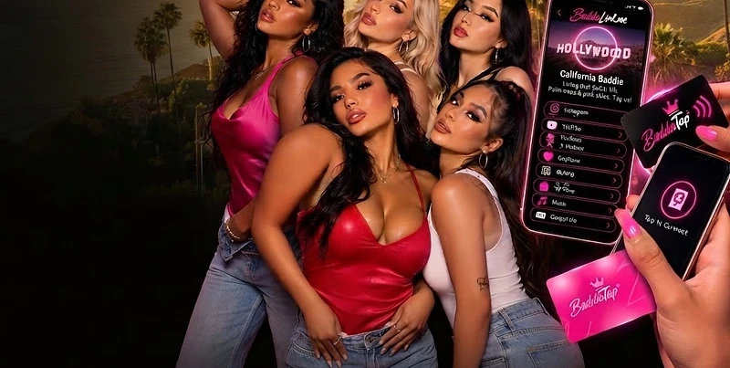 Baddie California creator campaign featuring women, California palms and a BaddieLink phone