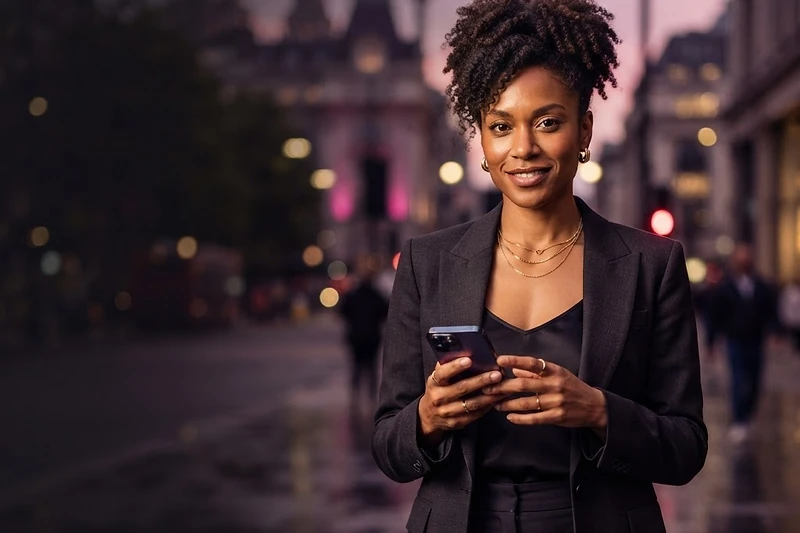 Black woman creator holding her phone in an editorial city portrait