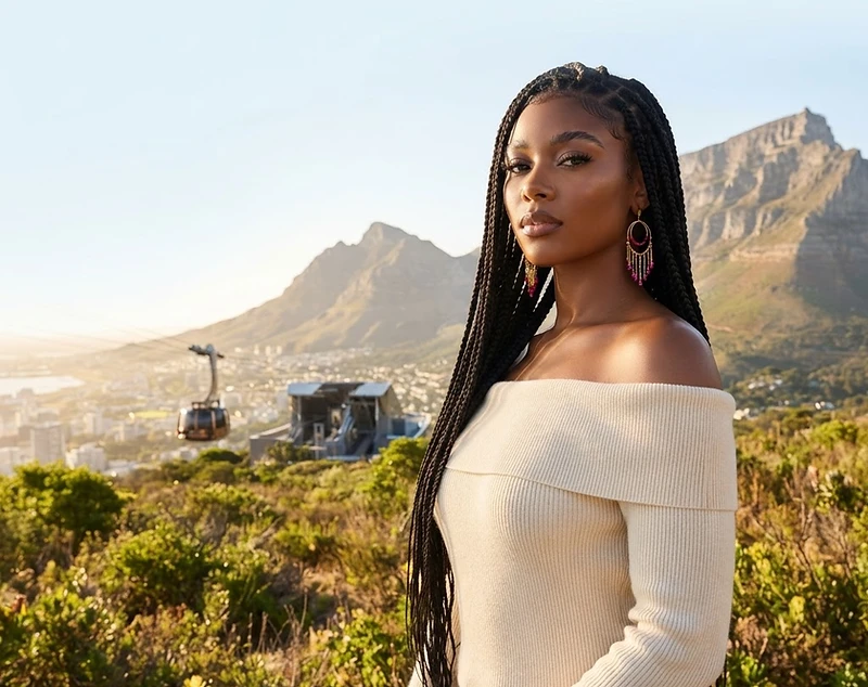 African fashion creator with Table Mountain in the background