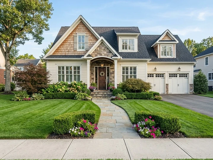 A well-kept home with a freshly mowed lawn