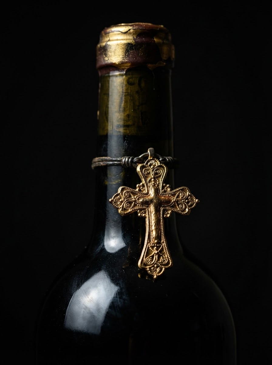 24k gold cross on Carménère bottle
