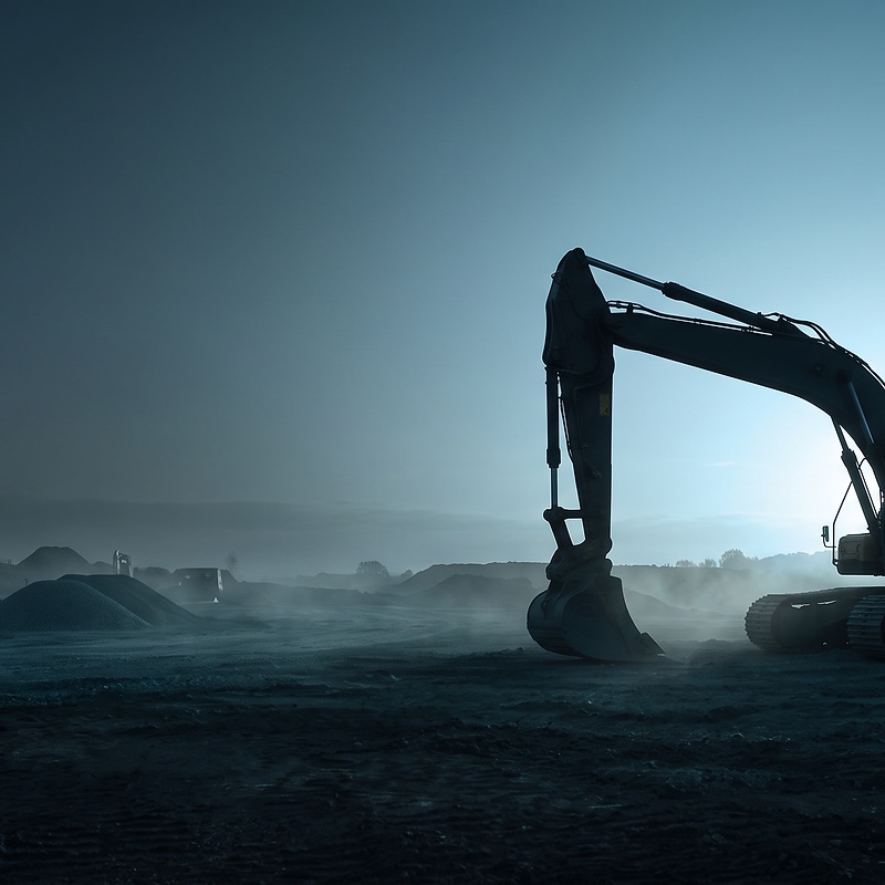 Yellow excavator on a construction site at dawn