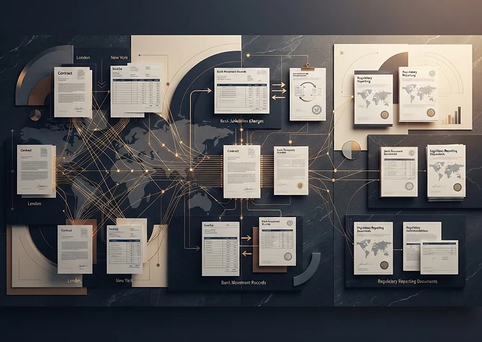 A cross-border transaction dossier connecting contract, invoice, banking and reporting