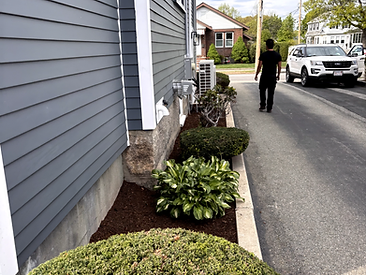 Freshly mulched bed along the side of a house