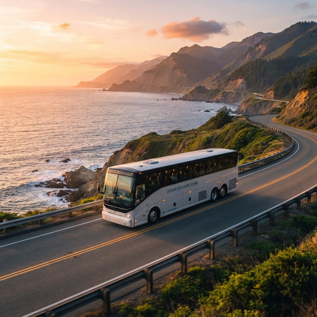 Ônibus de turismo em estrada cênica