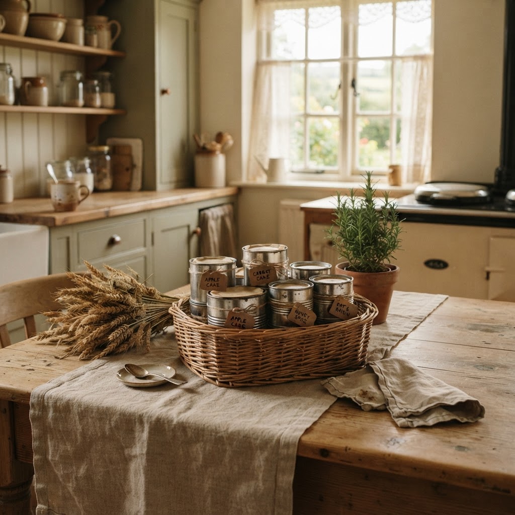 Farmhouse table with tin cakes