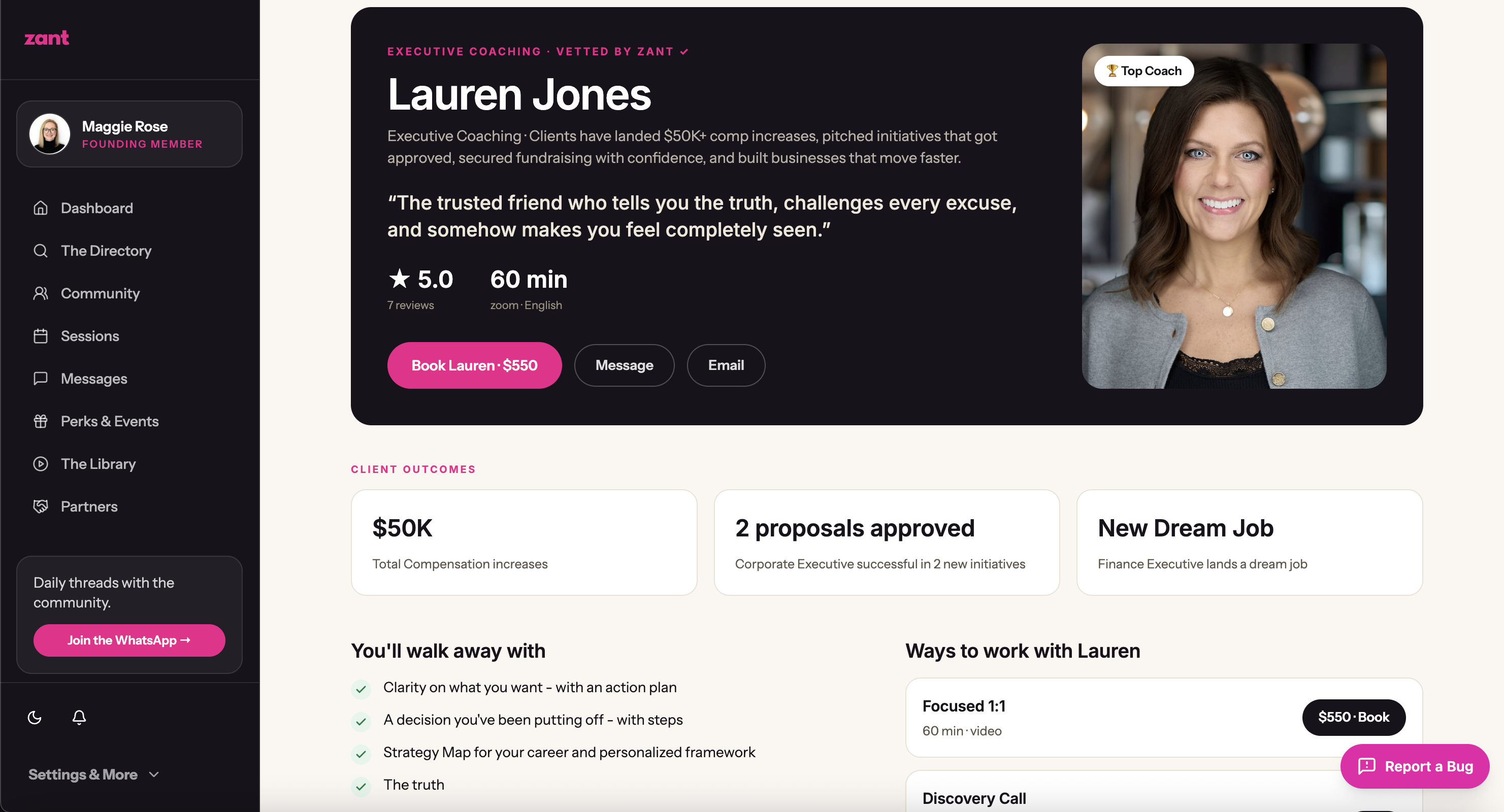 Lauren Jones's Zant profile: $50K comp increases, approved proposals, and clear engagement options