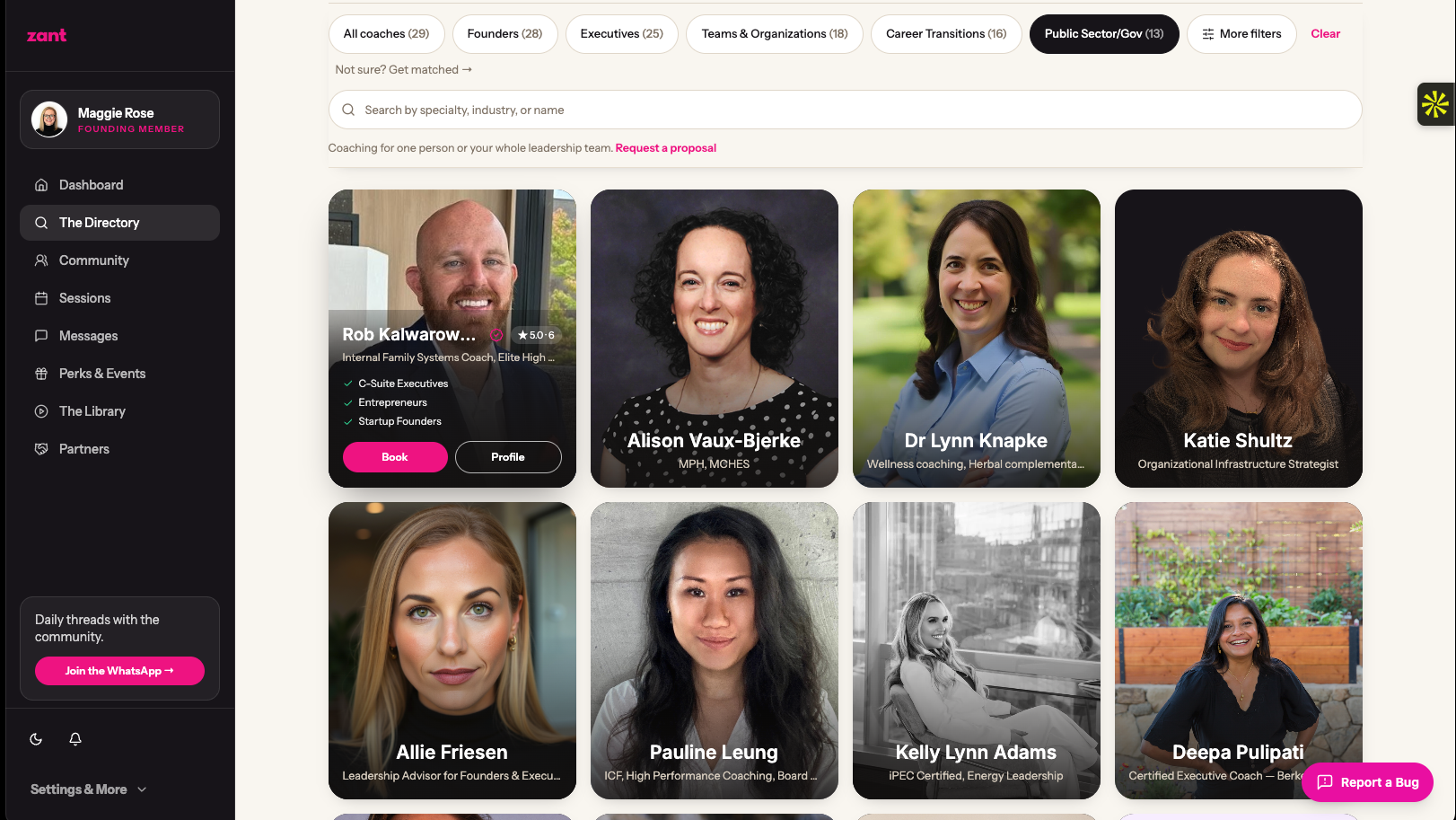 The Zant directory with a dedicated Public Sector / Government specialty filter and vetted coach profiles