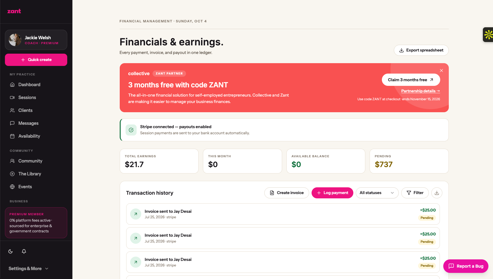 Zant financial management ledger: earnings, payouts, invoices, and transaction history