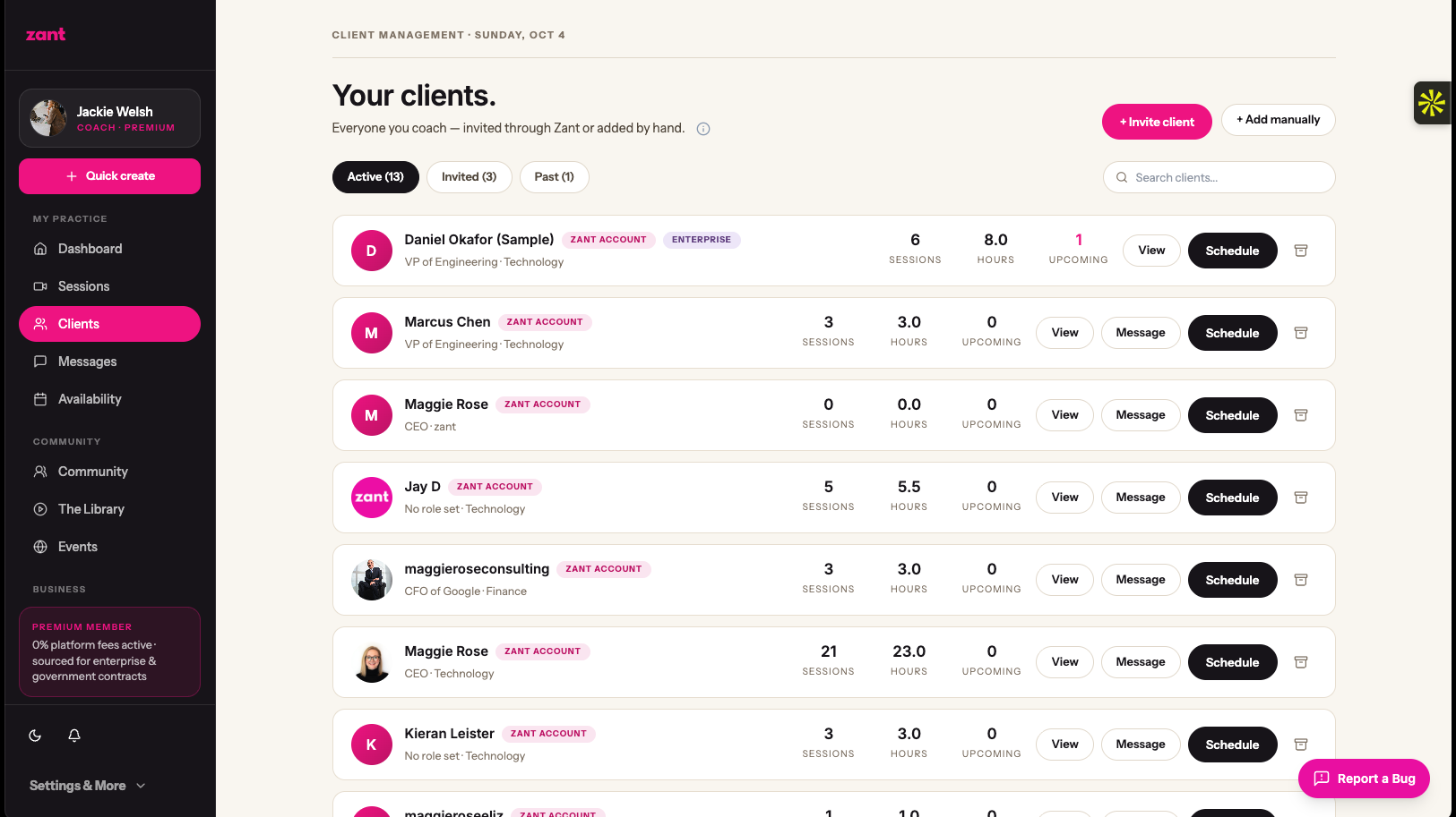 Zant client management view listing active, invited, and past clients with sessions, hours, and upcoming engagements