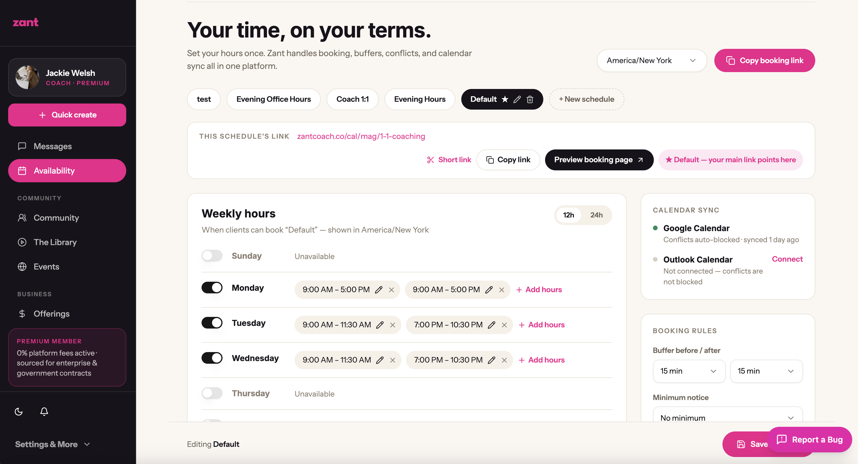 Zant availability and scheduling settings
