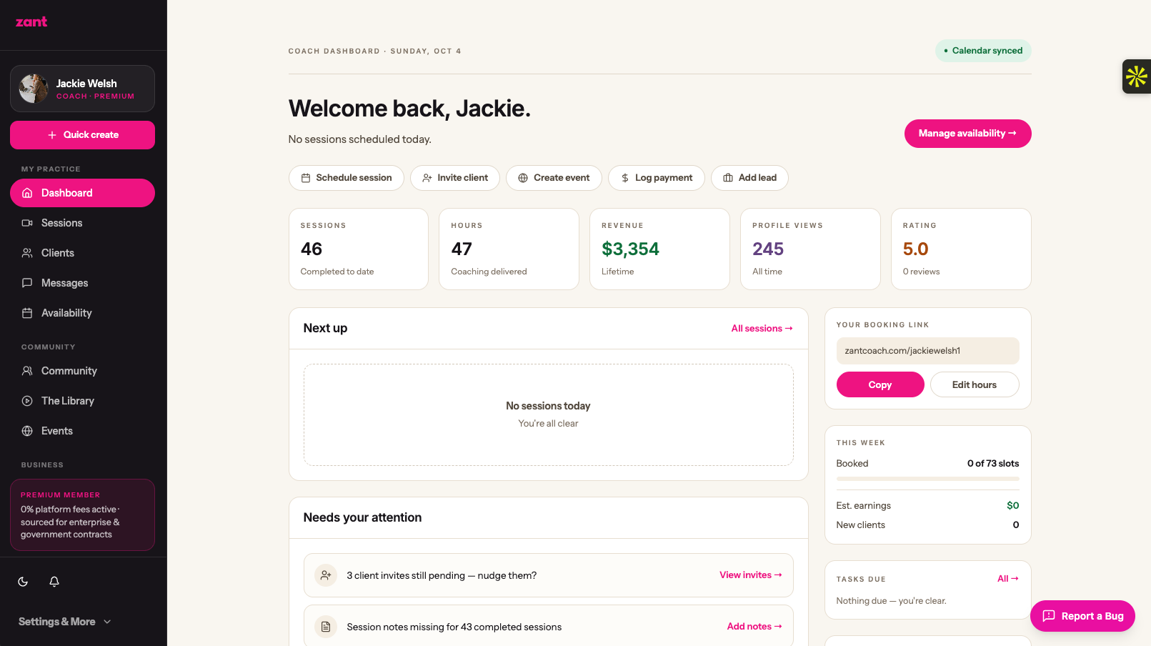 The Zant coach dashboard: sessions, hours, revenue, profile views, booking link, and this week's stats at a glance
