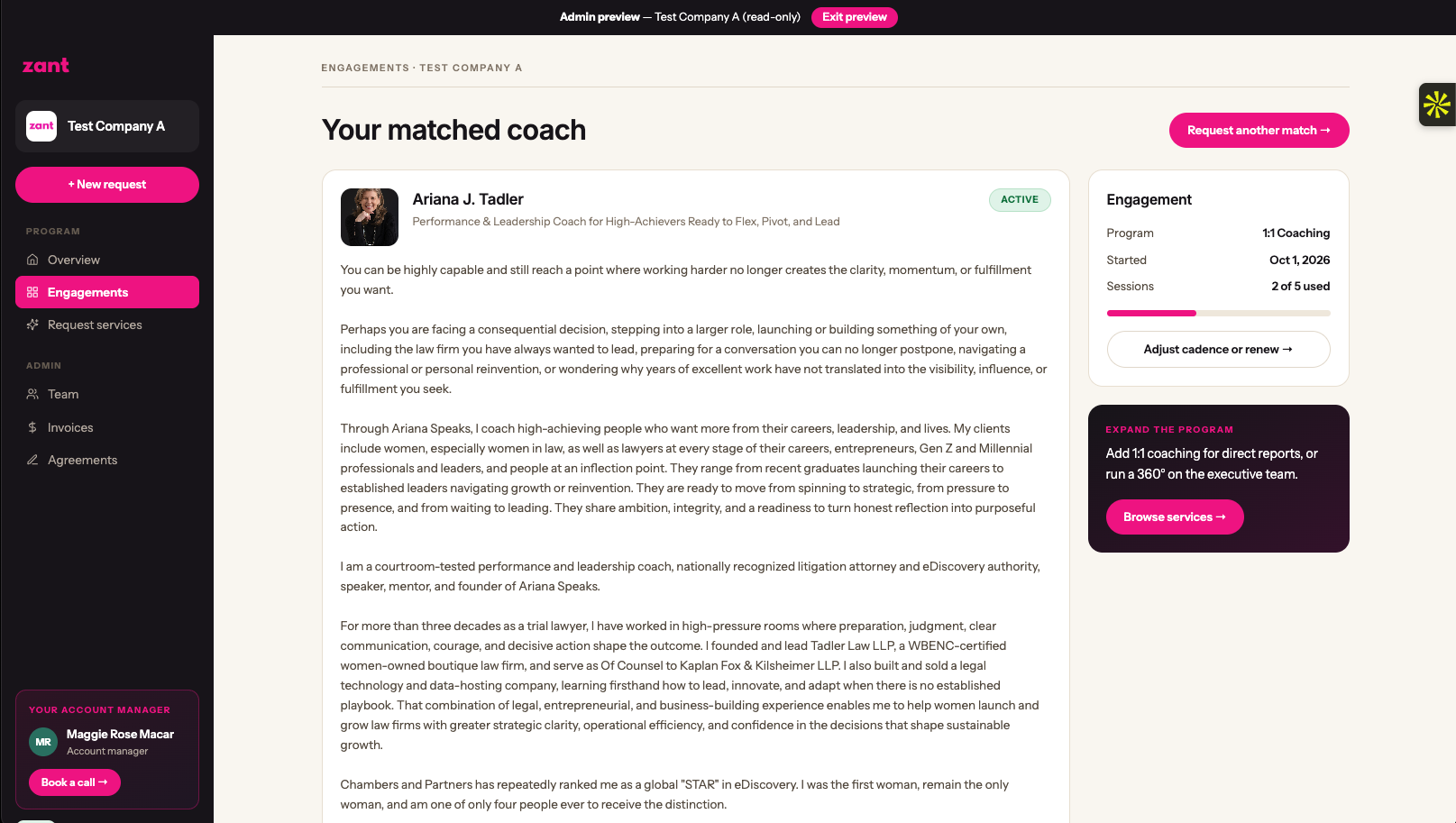 Zant enterprise engagement view: a matched coach profile with program status, sessions used, and ways to expand