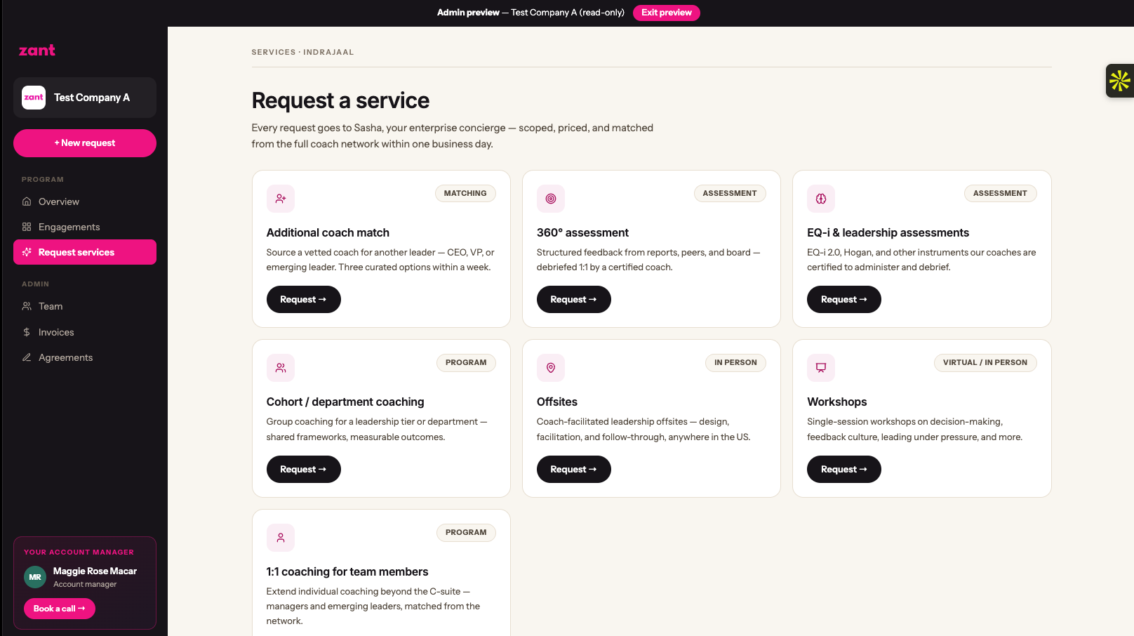 Zant enterprise service requests: request additional coach matches, assessments, cohort coaching, offsites, and workshops