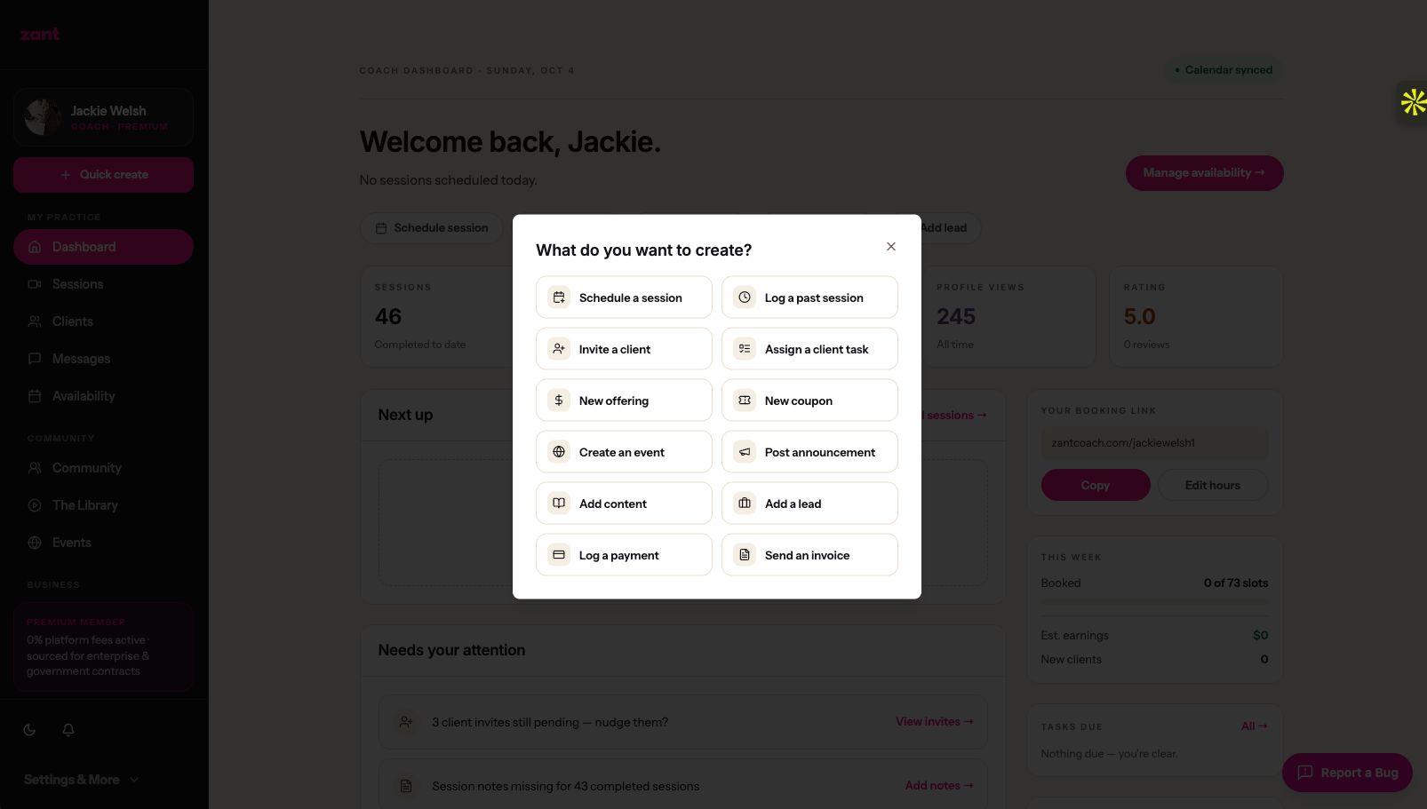 The Zant quick create menu: schedule a session, invite a client, add a lead, send an invoice, and more