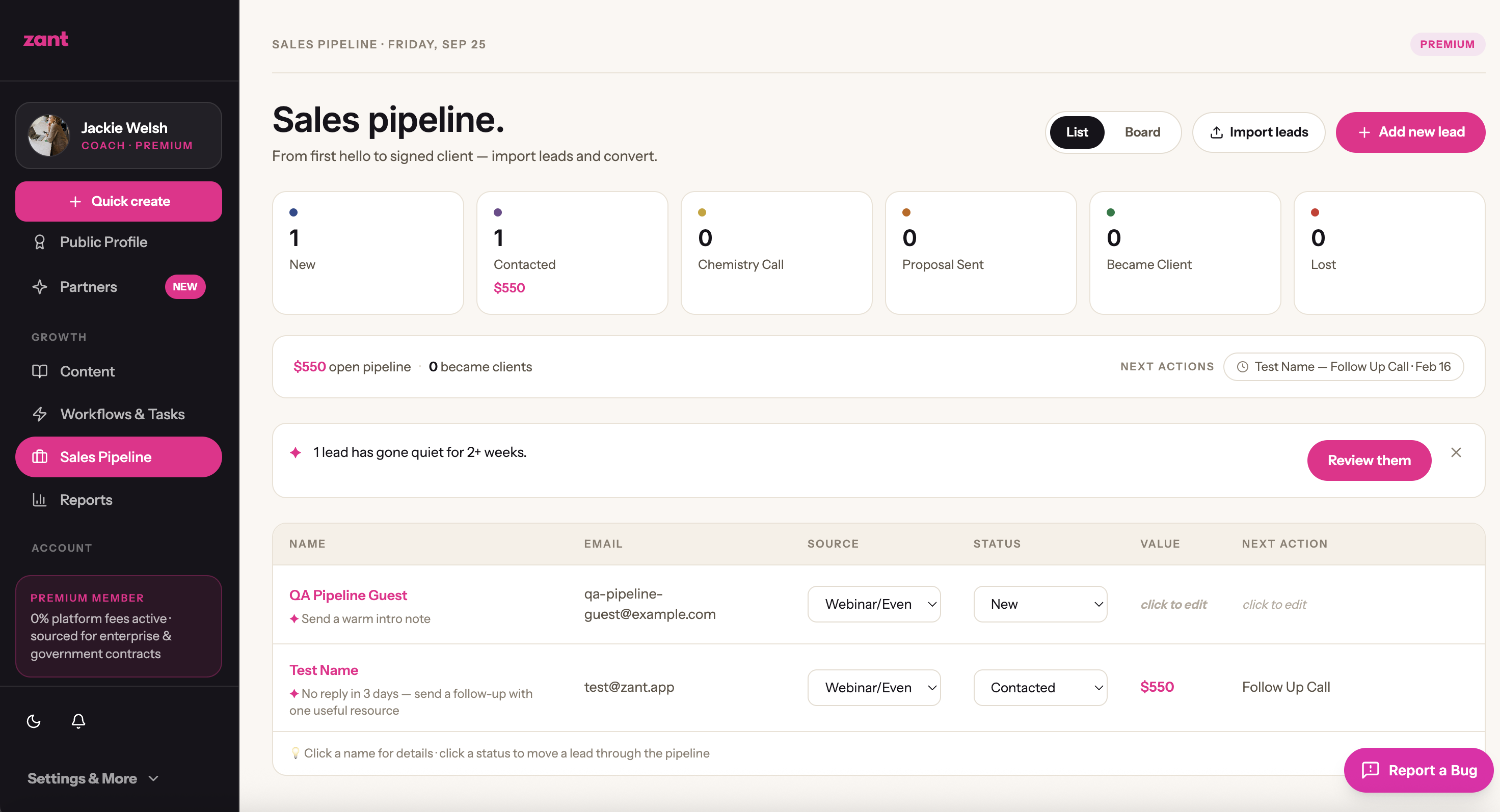 Zant sales pipeline with lead stages