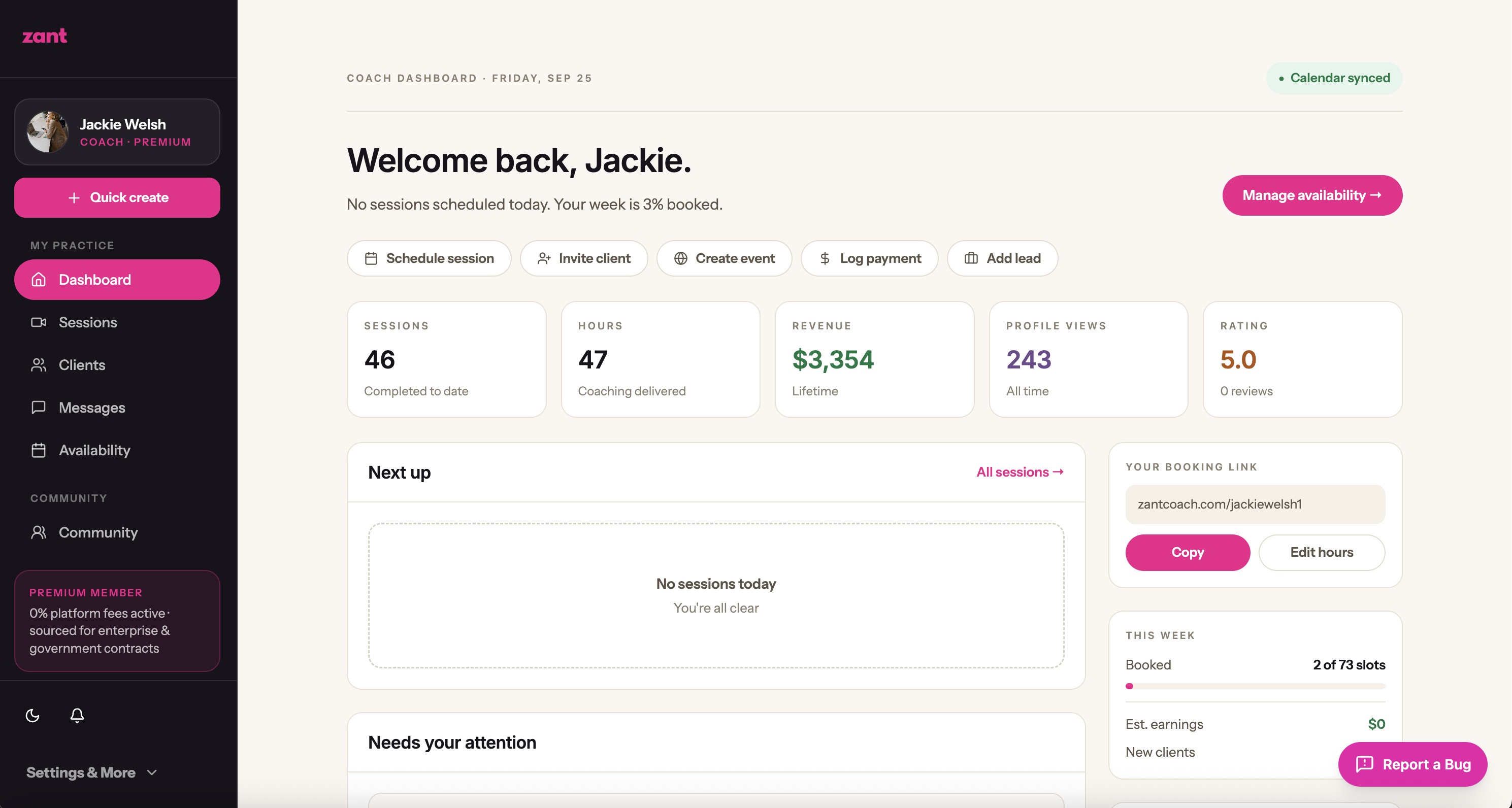 Zant engagement view: sessions, hours, and upcoming coaching per person across a portfolio