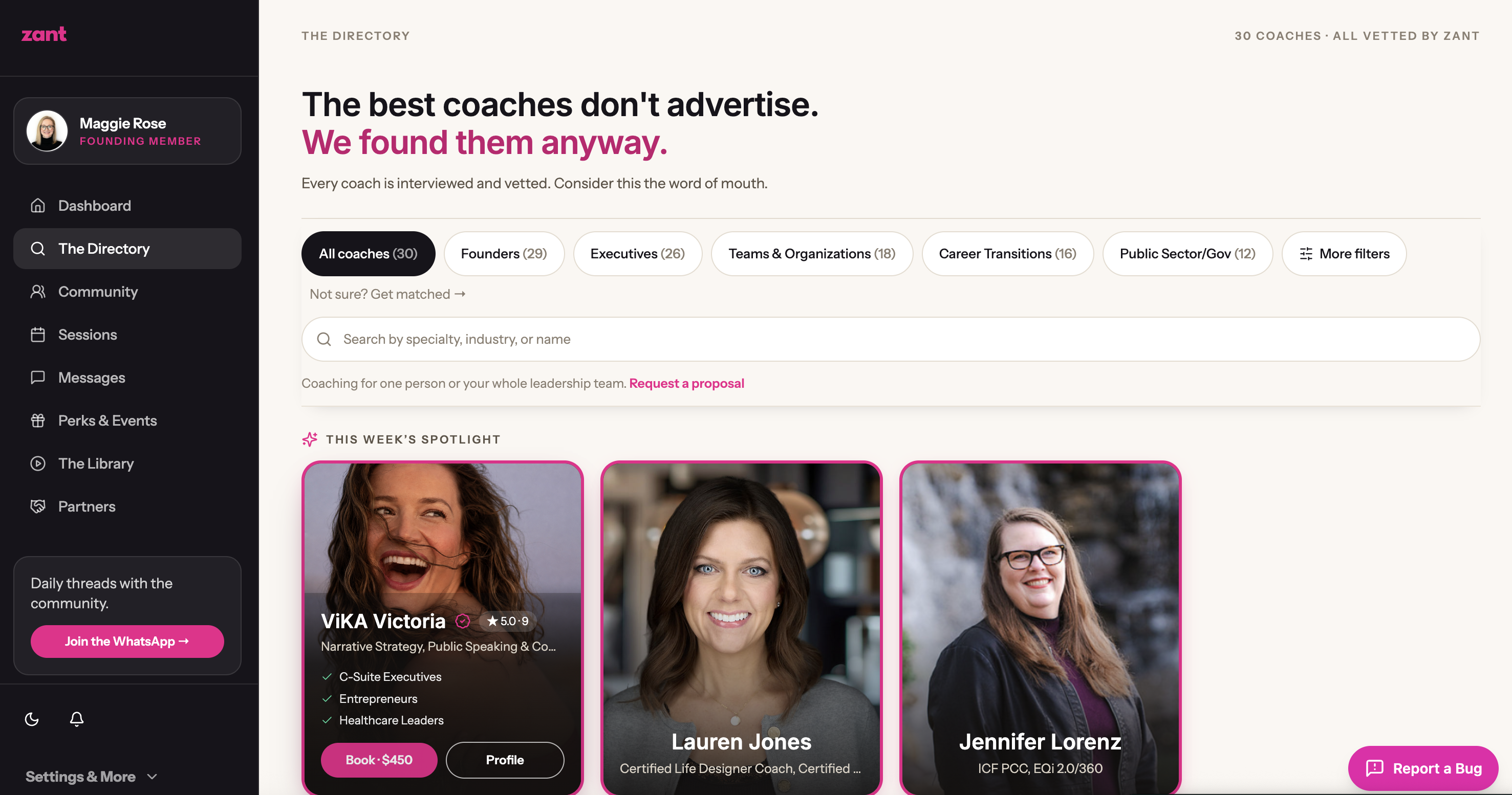 The Zant directory: 30 vetted coaches, filterable by specialty, with this week's spotlight